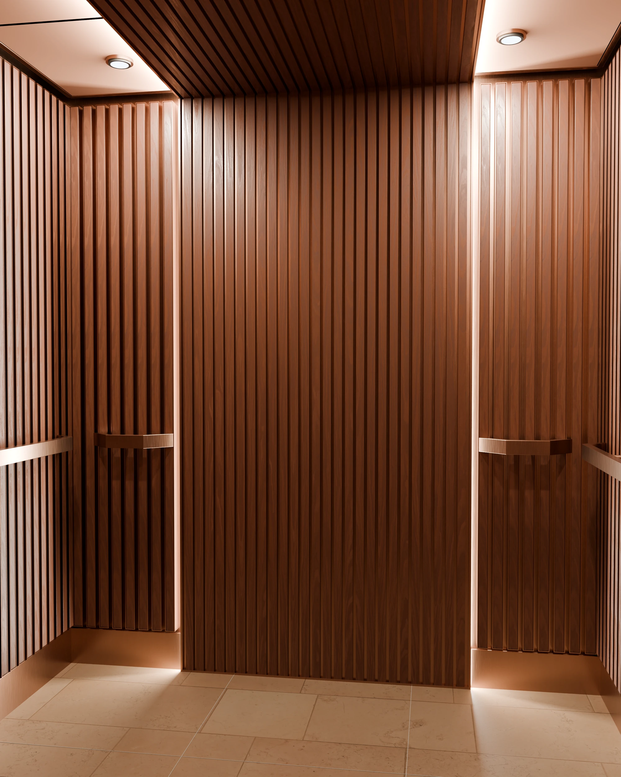 GPU-rendered Tungsten concept with smoked-oak slats extending from the wall across the ceiling and concealed edge lighting.