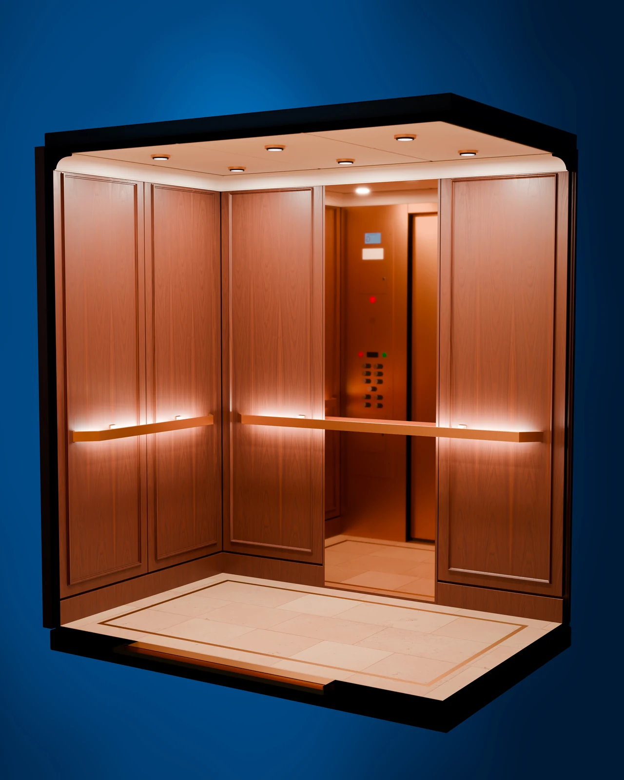 Elevator interior concept with traditional panel detailing.