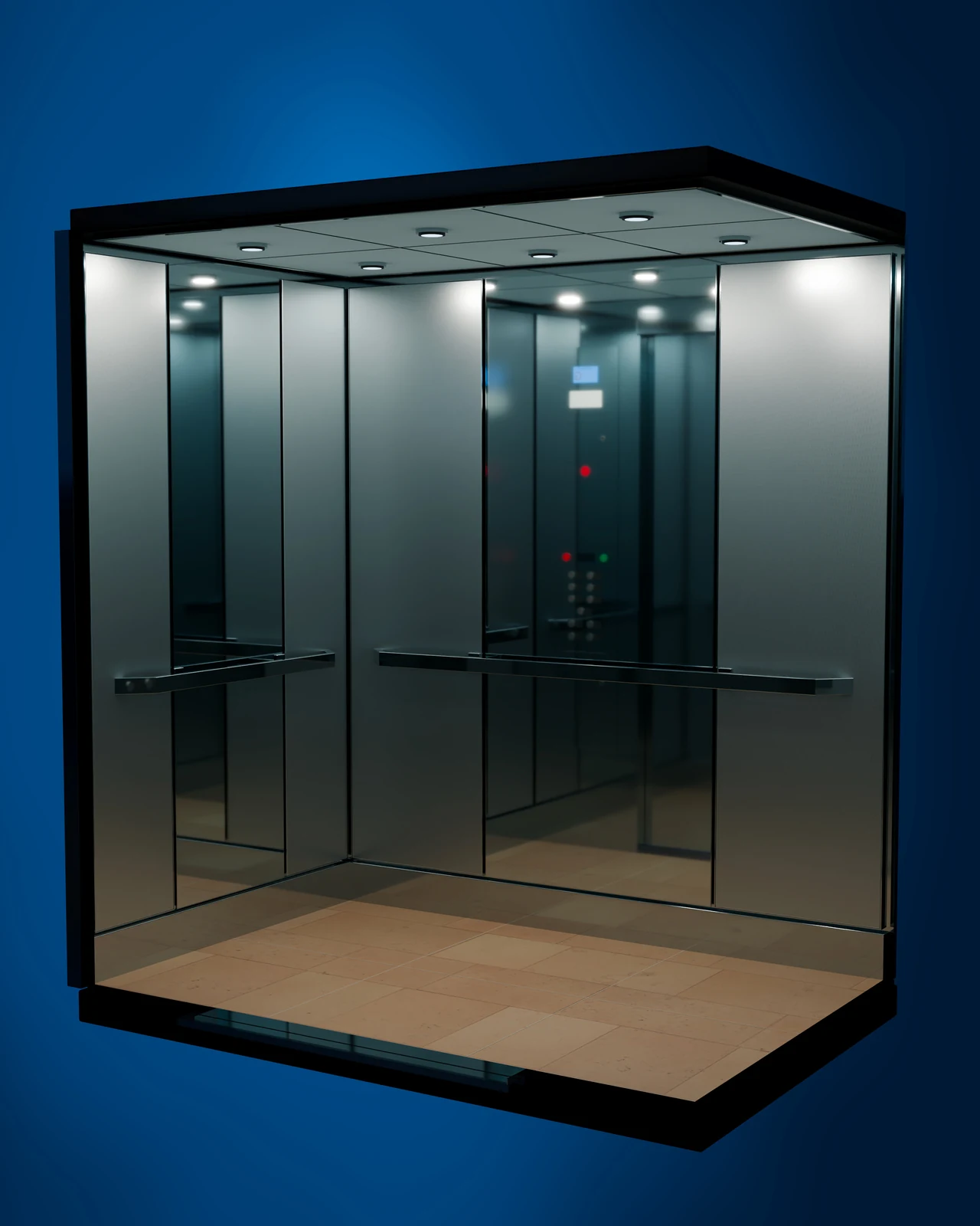 Reflective metal and mirror elevator interior concept.
