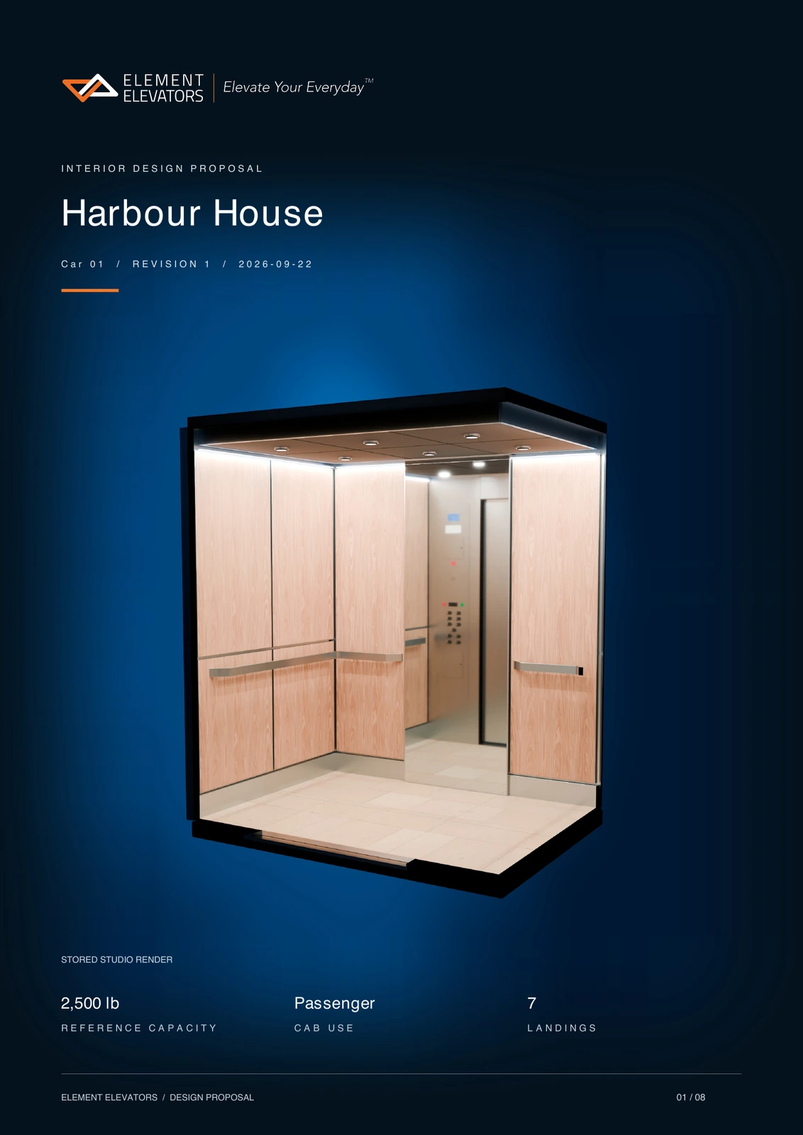 Example client proposal cover containing a rendered cab and project details.