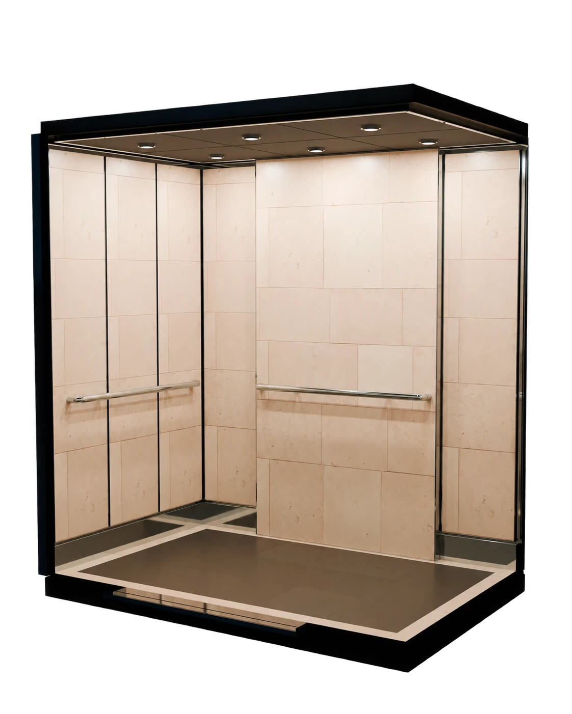 Pt Platinum collection concept with projected ivory limestone, polished stainless steel and a graphite floor.
